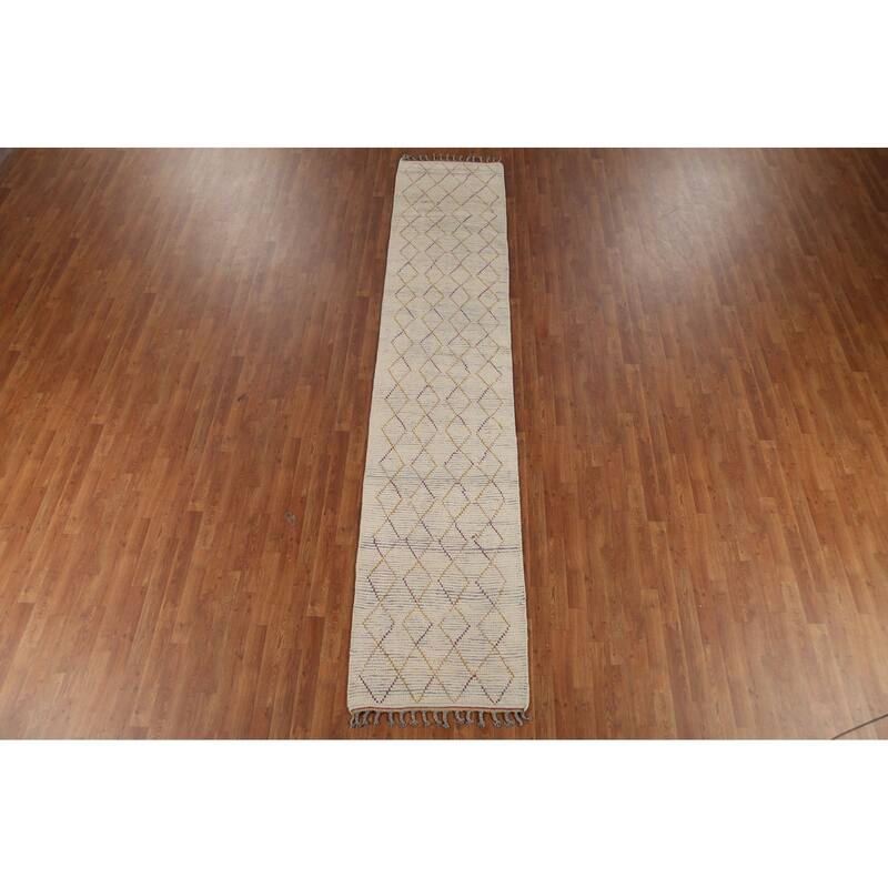 All-Over Trellis Moroccan Oriental Runner Rug Handmade Wool Carpet - 2'6"x 12'7"