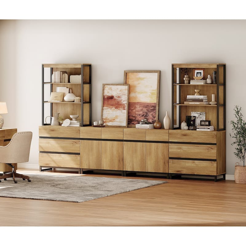 WAMPAT Modern Entertainment Center with 3 Tiers Bookshelf, Farmhouse TV Stand with 2 Storage Cabinets and 6 Drawers