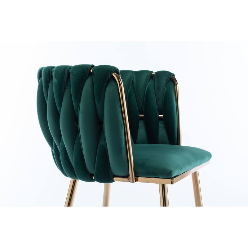 Velvet Fabric Dining Chairs Set of 2, Ergonomic Upholstered Lounge Chair, Accent Chairs with Woven Back & Metal Legs