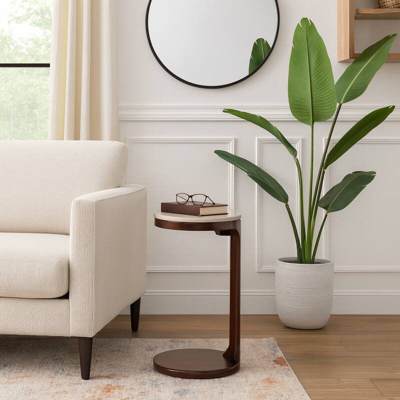 Marble Top Wood Modern C-Shaped End Table - Ivory, 26 in. - 17" x 13" x 26"