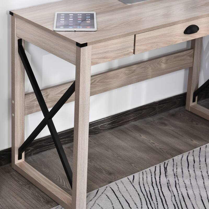 HOMCOM Industrial Retro Style Wooden Modern X-Frame Particleboard Study Desk w/1 Drawer Home Office Desk Oak Function Desks
