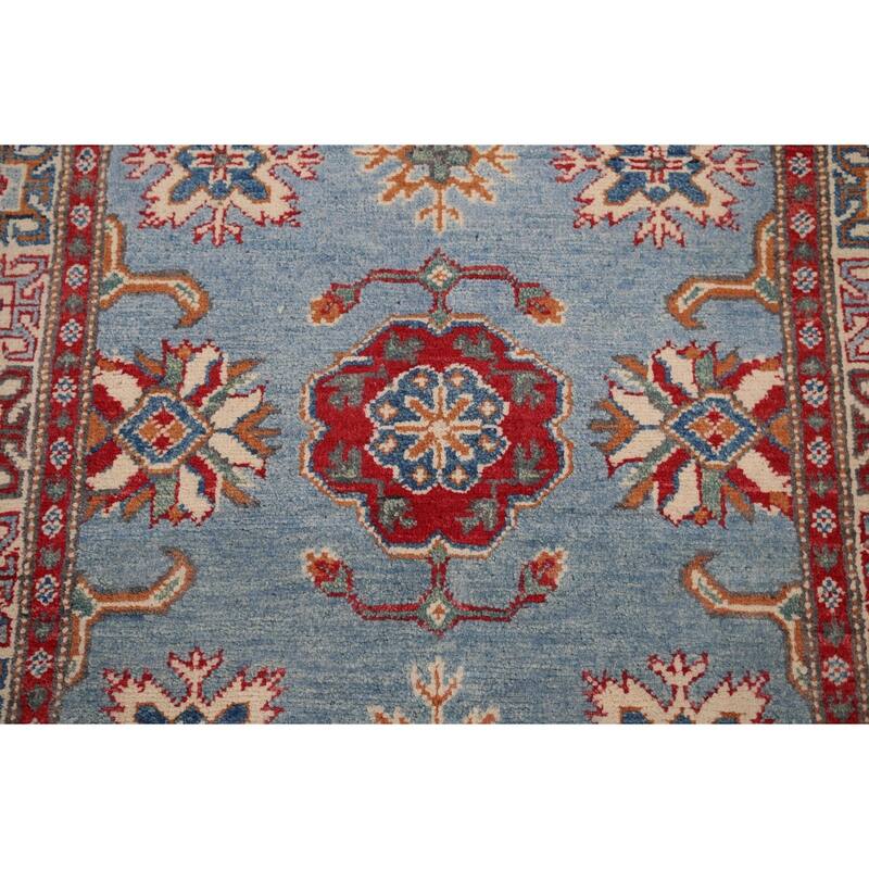 Light Blue Geometric Kazak Accent Rug Hand-Knotted Wool Carpet - 2'11" x 4'11"