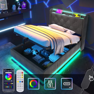 Twin Size Upholstered Platform Bed with 360 Surround LED Function and USB Type-C Charging