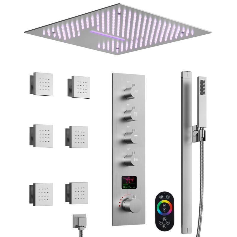 GRANDJOY LUXURY 16 inch Ceiling Mount Rainfall Waterfall Shower Head LED Temperature Display Body Jets Shower System - Brushed Nickel