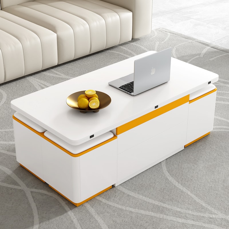 Lift-Top Coffee Table with 4 Stools - Space-Saving, Foldable, Multi-Functional