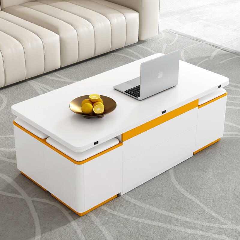 Lift-Top Coffee Table with 4 Storage Stools, Center Table with Foldable Top, Multi-Functional Adjustable Coffee Table