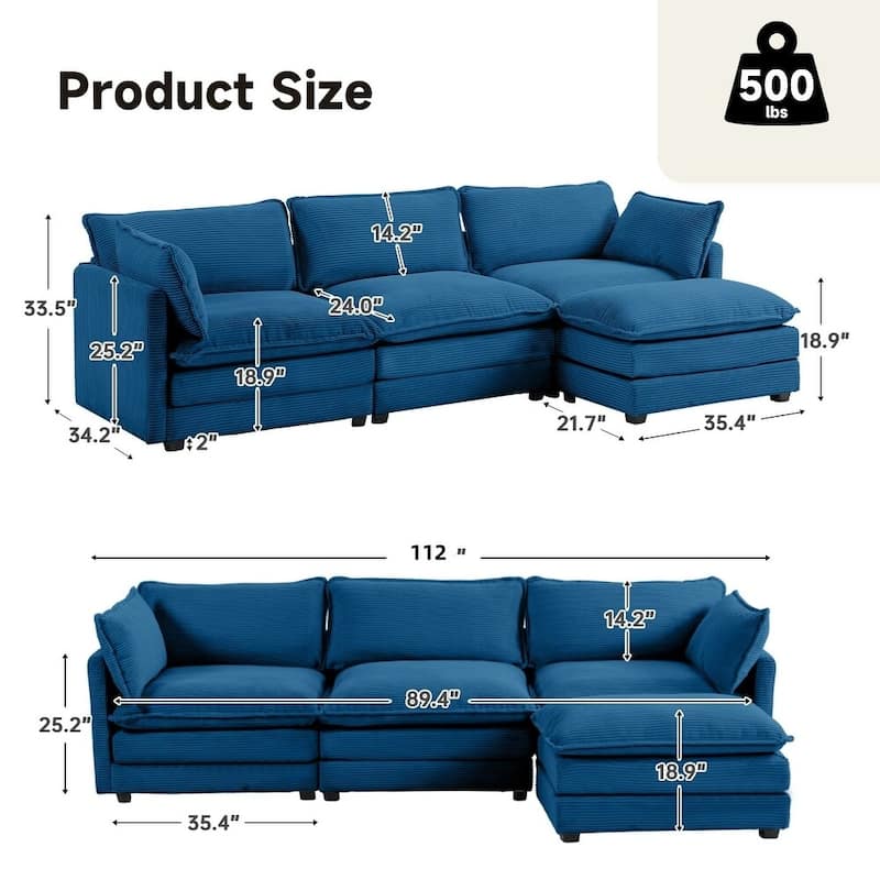 Oversized Modular Corduroy Sectional Sofa Set with Ottoman, 3-Seater / 4-Seater Deep Seat Lounge Couch for Living Room