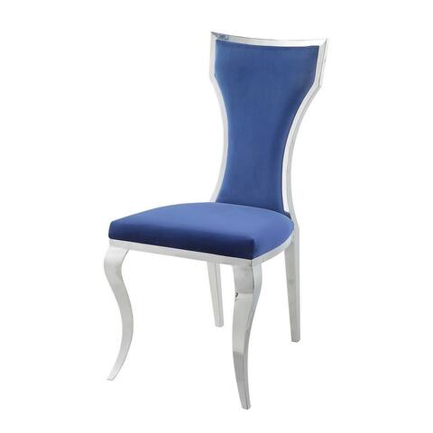 24 Inch Velvet Fabric Dining Chair, Padded Back, Set of 2, Silver and Blue