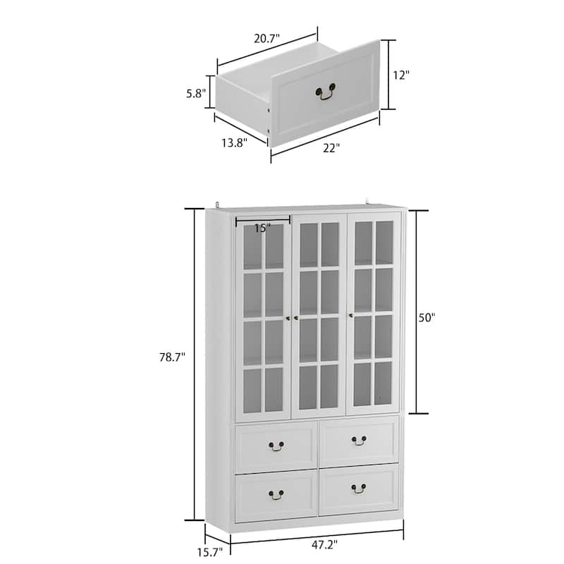 78.7"H Combo Glass Doors Display Cabinet Wooden Bookshelf Organizer