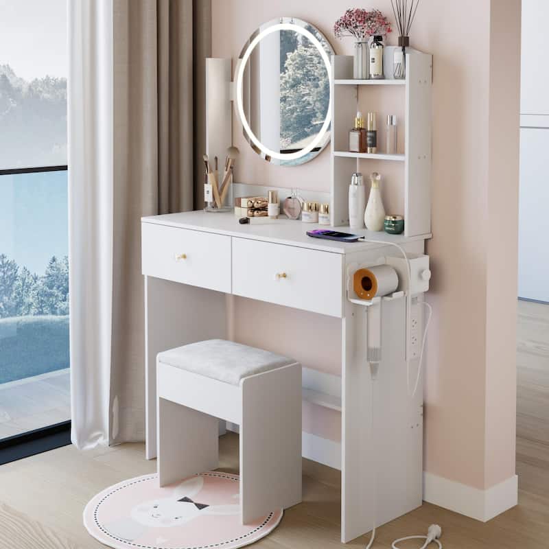 17"Round LED Mirror Vanity Table+Cushioned Stool,With 2 AC+2 USB Power Socket,Touch Switch,3 Colors,Multi-layer Capacity Storage