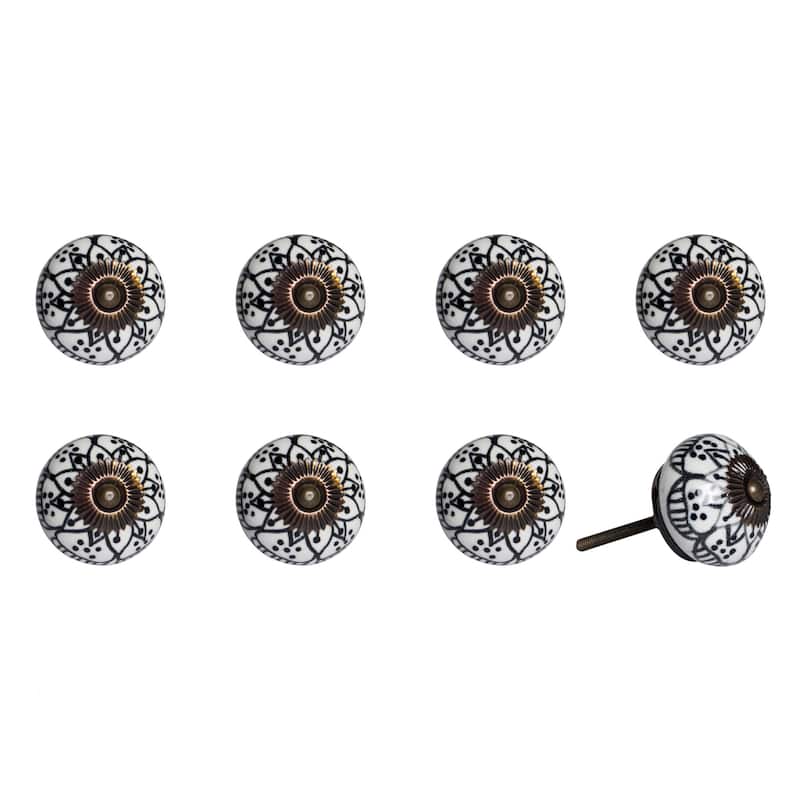 HomeRoots Set of Eight Black And White Ceramic And Metal Drawer Pull Knobs - 1.5' X '1.5' X '1.5