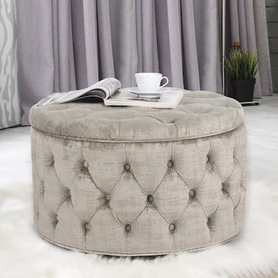 Adeco Round Velvet Storage Ottoman, Button Tufted Footrest Stool