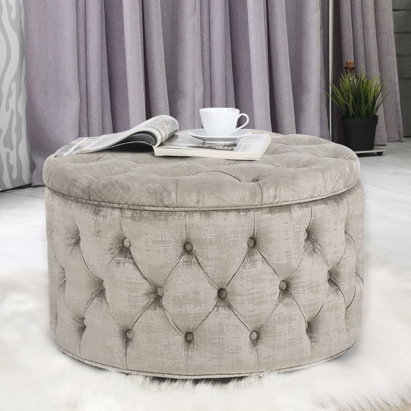 Adeco Round Velvet Storage Ottoman, Button Tufted Footrest Stool