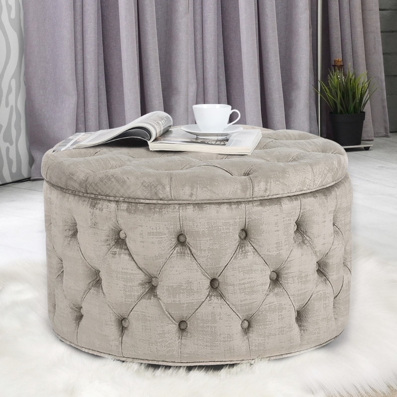 Adeco Round Velvet Storage Ottoman, Button Tufted Footrest Stool