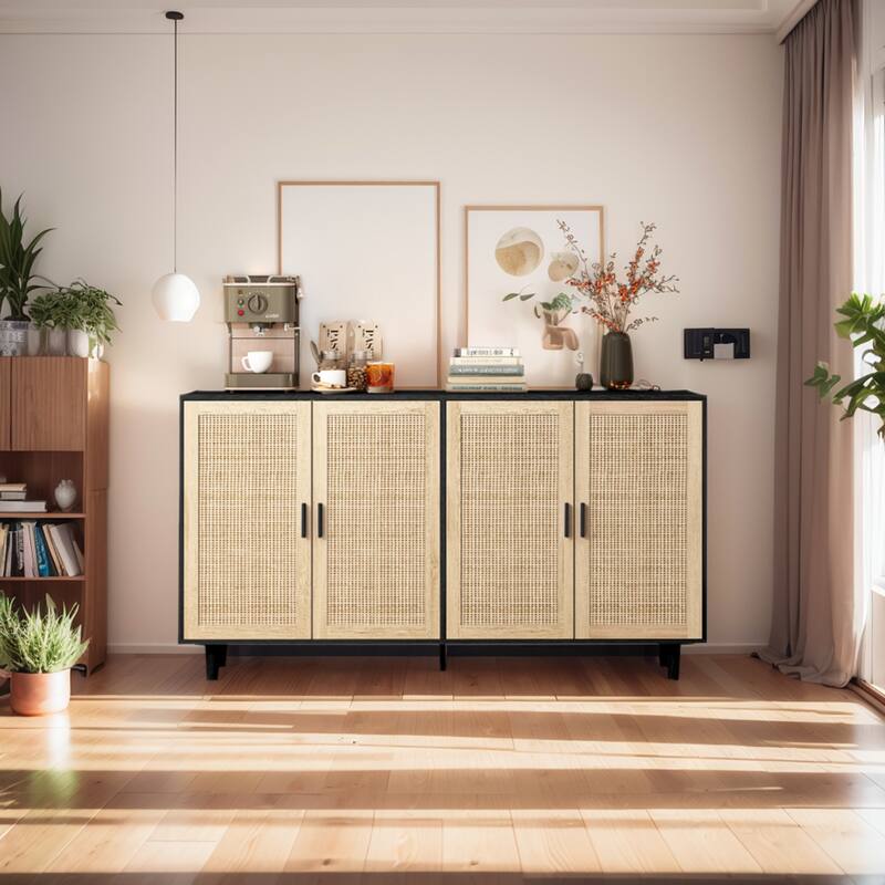 4-door Rattan Storage Cabinet Buffet Cabinet Sideboard with Adjustable Shelf, Living Room Entrance Cupboard Console Table, Black