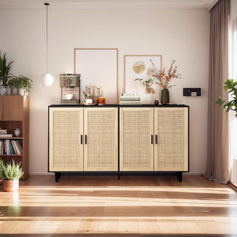 62.20" Modern Rattan Decorative Storage Cabinet with Solid Wood Legs, 4 Doors, Adjustable Shelves Versatile for Home,Office