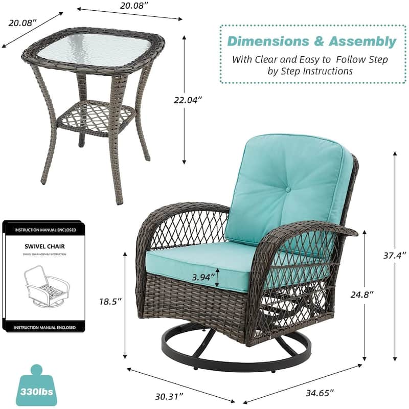 360° Swivel Rocking Patio Chairs Set with Thick Cushions & Tempered Glass Table | Indoor Living Room / Balcony| 3/5-Piece