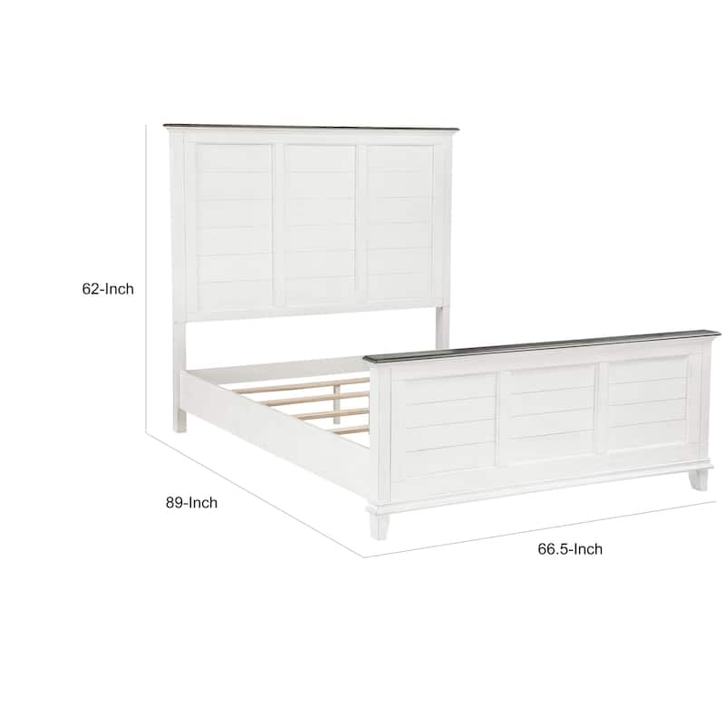 Woki Queen Size Bed, Solid Wood Panel Design, Farmhouse White and Brown