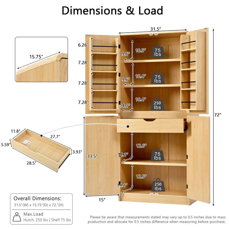 Farmhouse 72" Tall Kitchen Pantry Cabinet, Freestanding Curved Design with Adjustable Shelves and Hidden Drawer