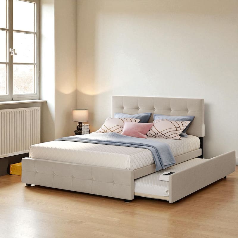 Queen Size Upholstered Platform Bed with Button-Tufted Headboard, 2 Storage Drawers and Twin XL Trundle, Linen Fabric