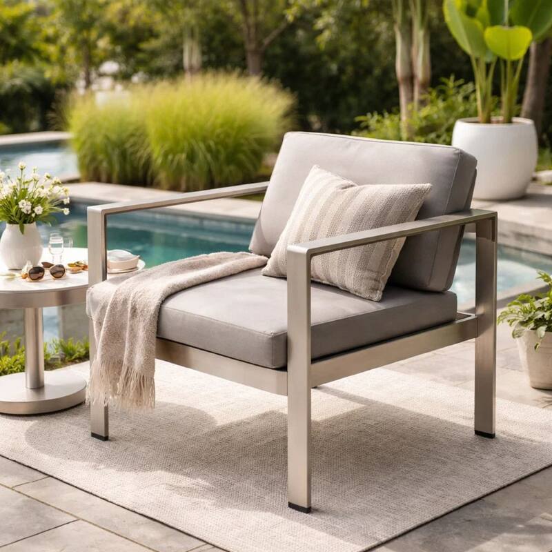 Kili 29 Inch Armchair, Sleek Silver Aluminum Frame, Water Resistant Fabric