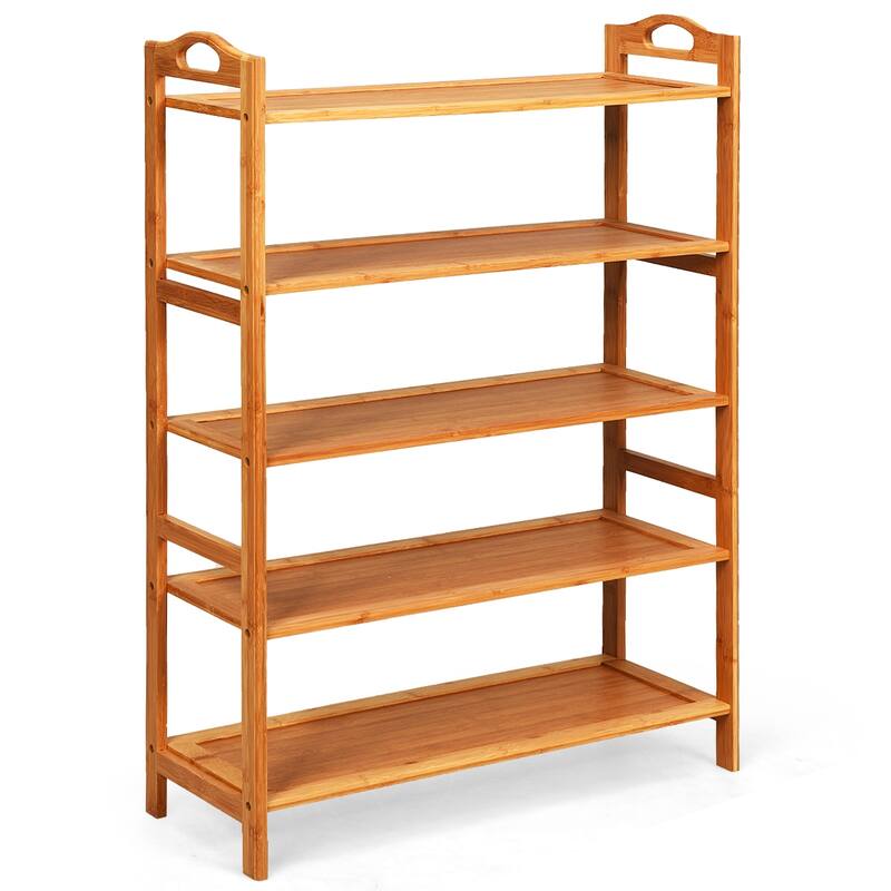 Natural 5-Tier Wicker Free-Standing Shoe Rack with Two Handle Perfect for 15 Pairs - 26.5” x 10.5” x 38” (L x W x H) - Natural