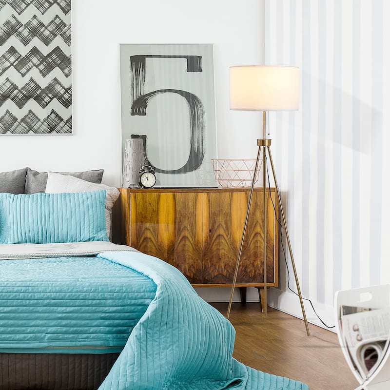 59.75" Standing Floor Lamp Fabric Lampshade Steel Tripod, Gold