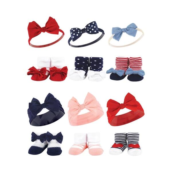 slide 1 of 1, Hudson Baby Infant Girl 12Pc Headband and Socks Giftset, Red Blue Bows Red Chambray, One Size - Red Blue Bows Red Chambray Red Blue Bows Red Chambray - One Size