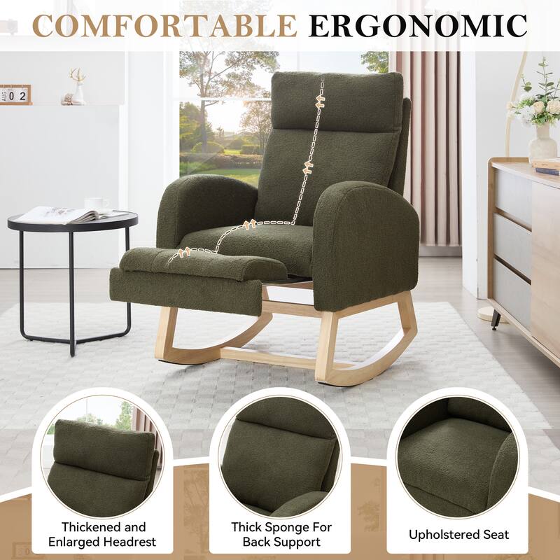 Teddy Fabric Leisure Rocking Chair,Nursery Rocking Chair With Adjustable Footstool,Thickened Headrest And High Backrest