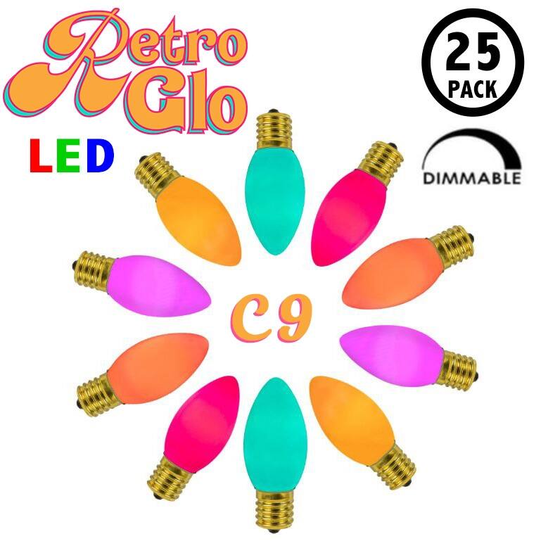 25 Pack C9 LED RetroGlo Outdoor Christmas Replacement Bulbs, C9/E17 Base