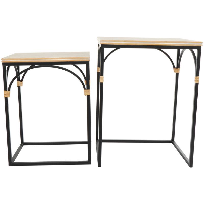 Black Metal Arched Accent Table with Wood Zig Zag Patterned Top and Rattan Accents (Set of 2)