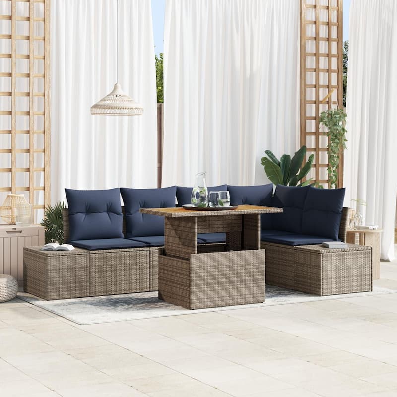 vidaXL 6 Garden Sofa Set with Cushions Black/Grey Poly Rattan - 103.9 x 60.6 x 27.2 - Grey