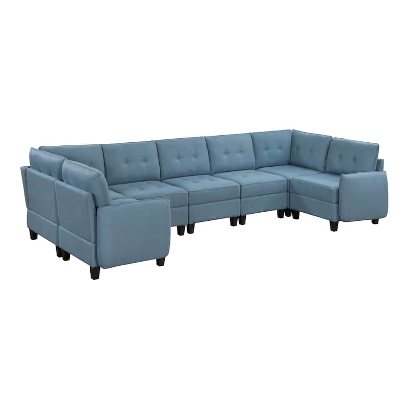 Dorian Textured 7-Piece Sectional Sofa - Storage, Button-Tufted - Blue