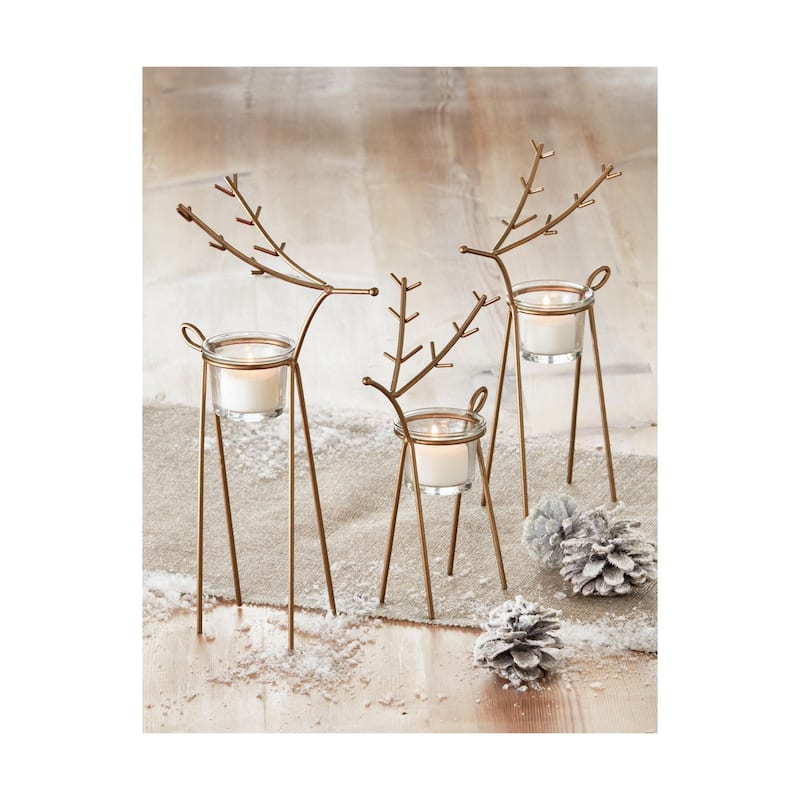 Antique Gold Reindeer Tealight Holder - Medium Candle Holder for Christmas Decor - 5.31" L x 3.74" W x 10.24" H