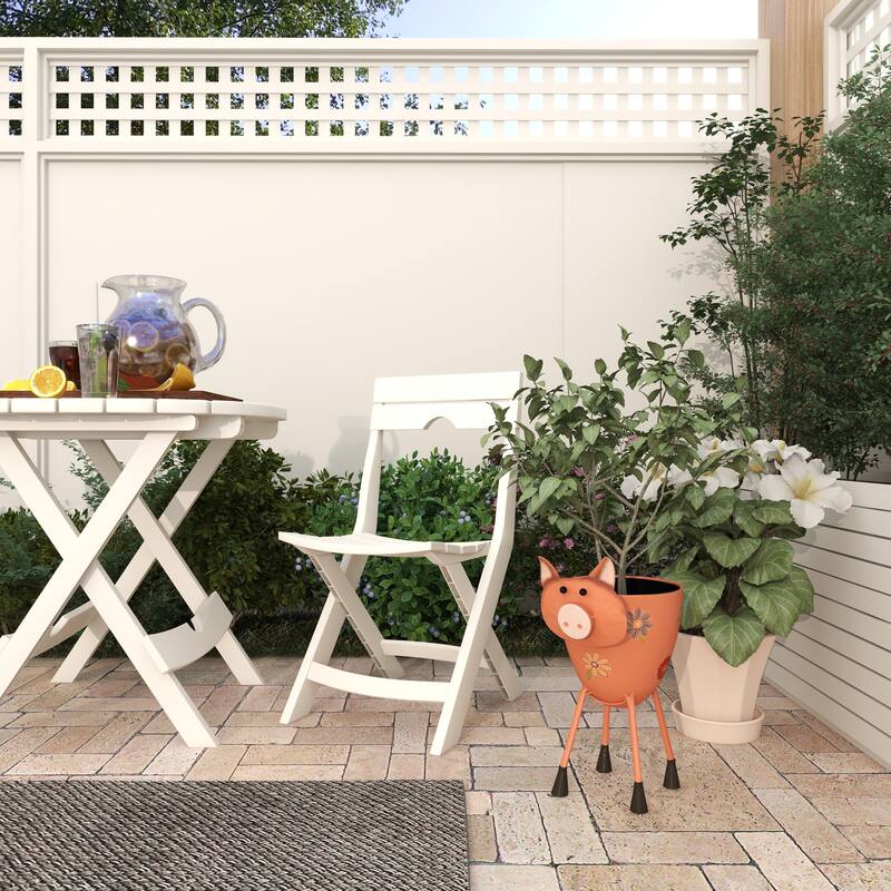 Pink Metal Pig Indoor Outdoor Planter with Floral Accents