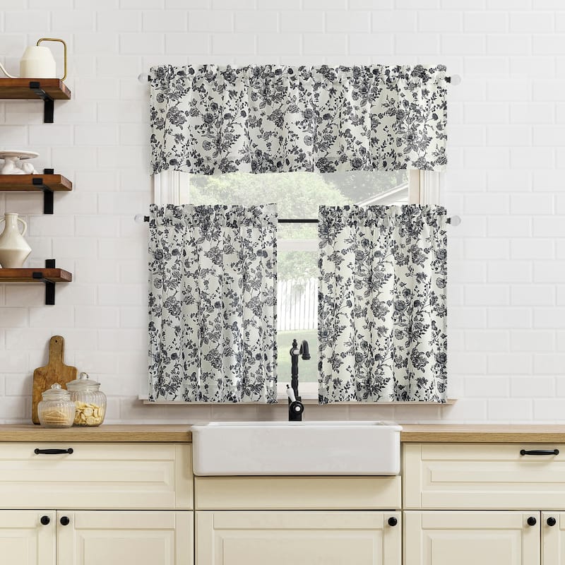 No. 918 Elara 2-pack Tonal Botanical Semi-Sheer Rod Pocket 2-Piece Kitchen Curtain Tier Pair