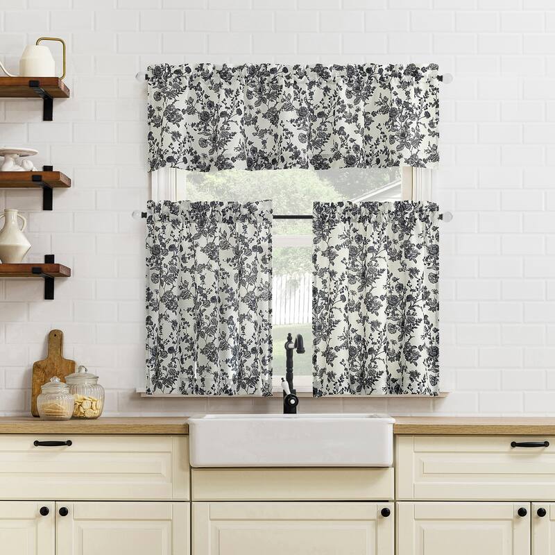 No. 918 Elara Tonal Botanical Semi-Sheer Rod Pocket 1-Piece Kitchen Curtain Valance