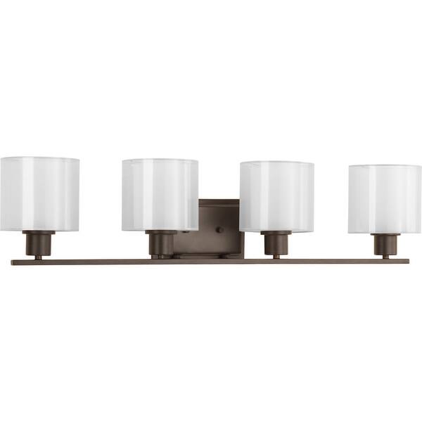 slide 1 of 3, Invite Collection 4-Light Antique Bronze White Shade New Traditional Bath Vanity Light