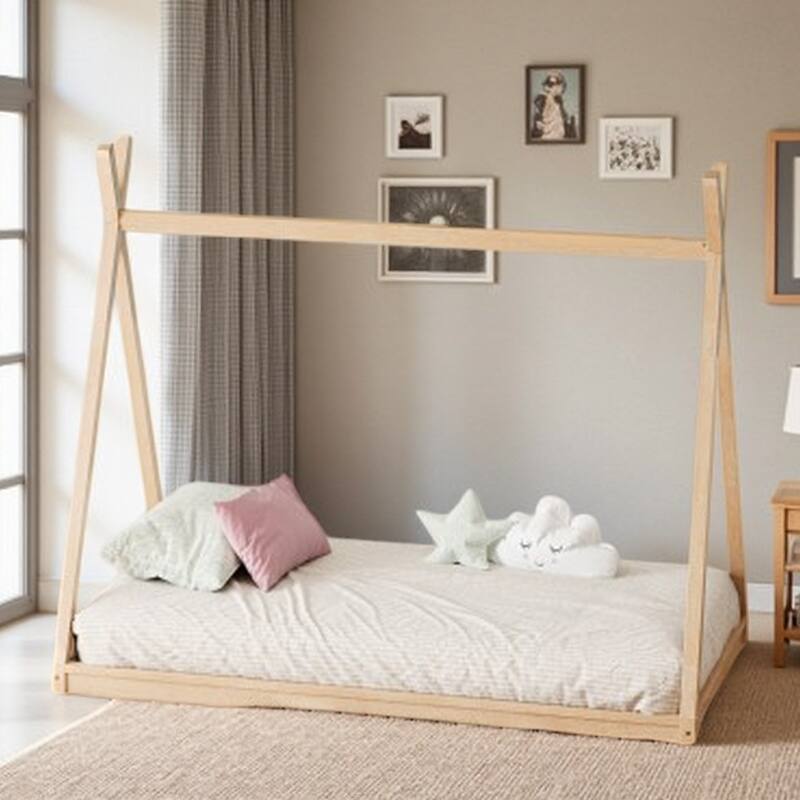 Wooden Twin House Bed Frame for Kids, Montessori-Inspired Low Platform Tent Bed with Sturdy Triangle Design