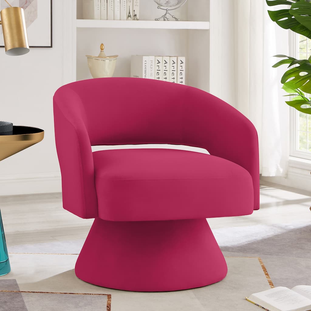 Rose Pink Modern 27.5" Upholstered 360° Swivel Barrel Chair with Open Backrest and Solid Wood Frame
