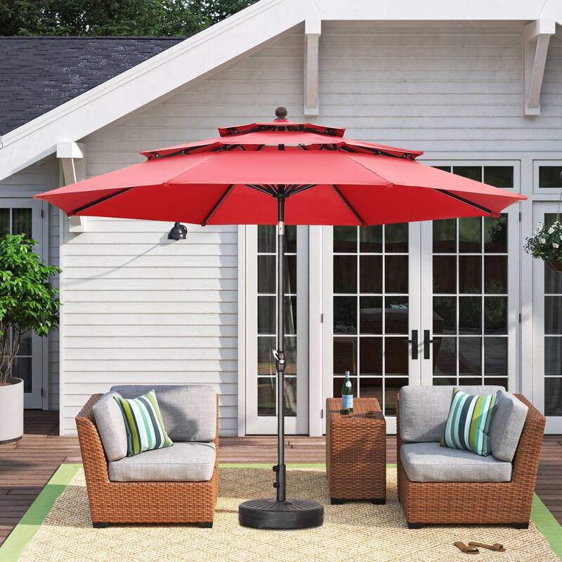Autlaycil 10FT 3-tier Tilting Patio Umbrella With Base - Red