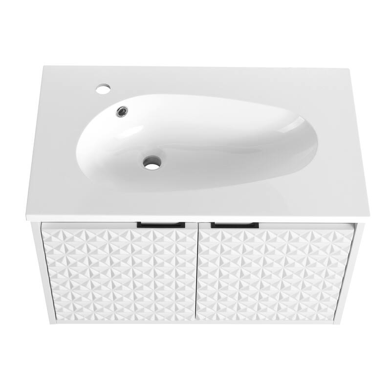 White Double-Door Wall-Mounted Vanity with Drop-Shaped Resin Sink, Soft-Close Hinges, and Hidden Metal Handles
