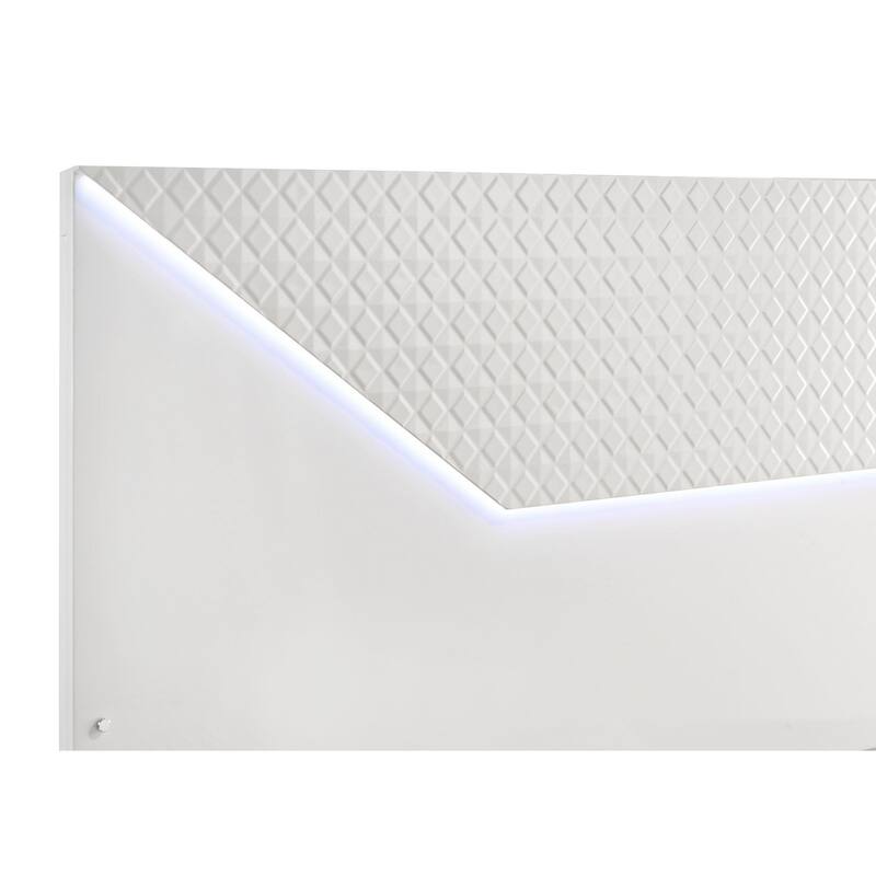 Ivon Queen Bed, 3D Embossed LED Headboard, Glossy White Solid Wood