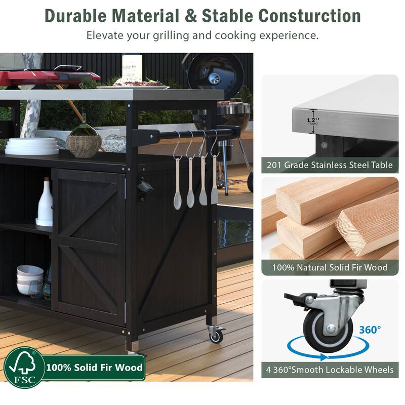 Outdoor Kitchen Island, Rolling Bar Cart & Storage Cabinet, Outdoor Grill Table with Stainless Steel Top, Spice Rack
