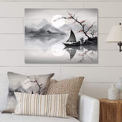 Designart "Asian Art Sailboat Sumi IV" Asian Art Large Metal Prints