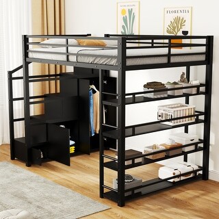 Full Size Metal Loft Bed with Storage Shelves & Cabinets, Space-Saving Heavy Duty Loft Bed Frame with Wardrobe & Staircase