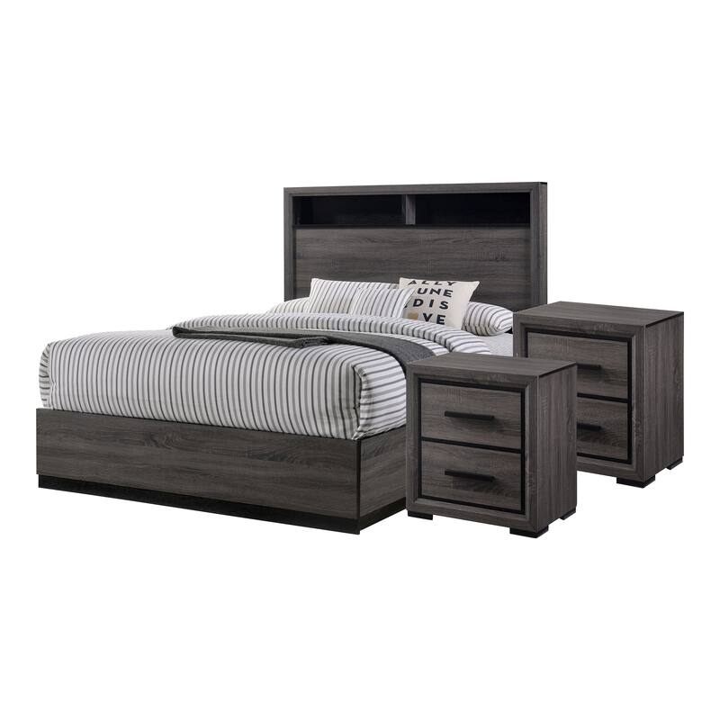 Rothwell Contemporary Grey Wood 3-Piece Panel Bedroom Set with Shelves by Furniture of America - Queen