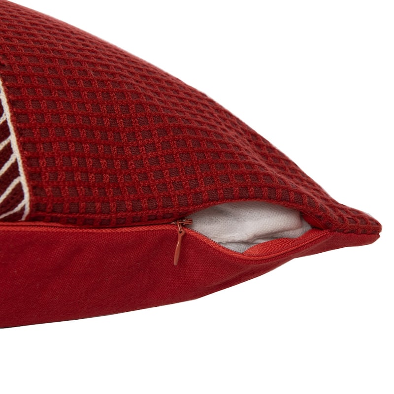 HomeRoots 20" Red and White Geometric Cotton Throw Pillow With Embroidery