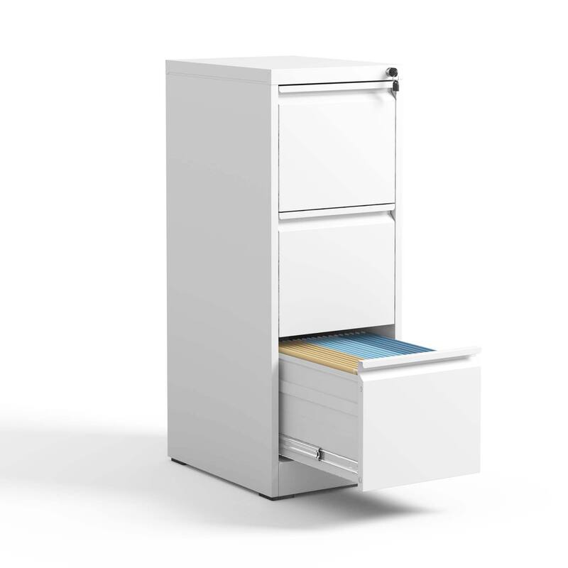 Modern Filing Cabinet Vertical Filing Cabinet with 3 Drawers, Anti-tilt System Design and Lock, for Home Office, White - White