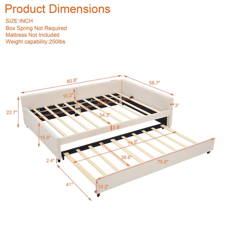 Full Size Daybed with Twin Trundle Bed, Velvet Upholstered Daybed L-shaped Slats Bed Frame Built-in USB Port with Diamond Grid